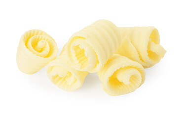 Pile of tasty butter curls isolated on white