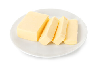 Plate with tasty cut butter isolated on white