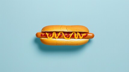 A hot dog with mustard and ketchup on a light blue background, highlighting its classic toppings.