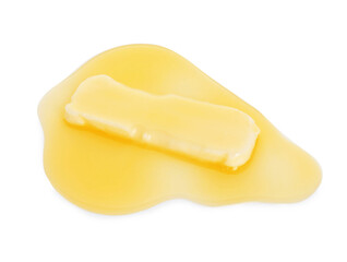 Piece of melting butter isolated on white, above view