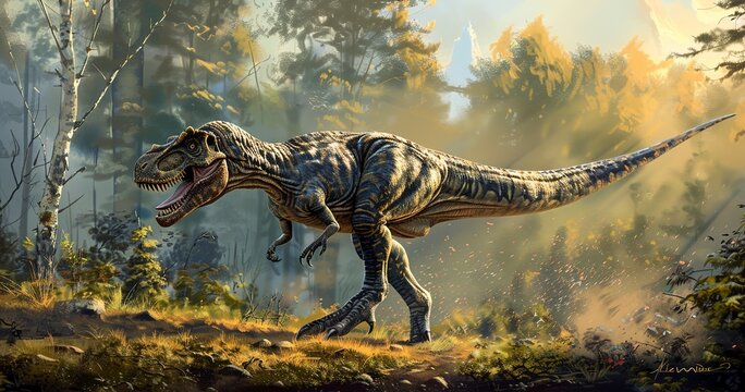 Allosaurus on the hunt, agile and fierce, Jurassic period predator. 