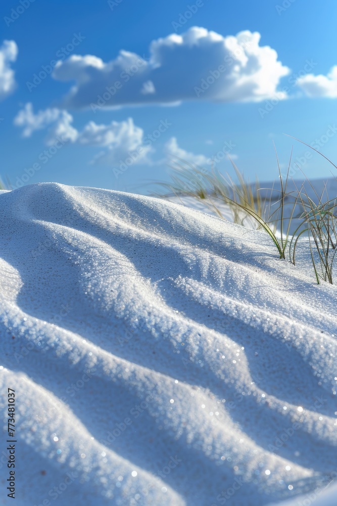 Poster a scenic view of a sand dune with grass in the foreground. perfect for nature and travel concepts
