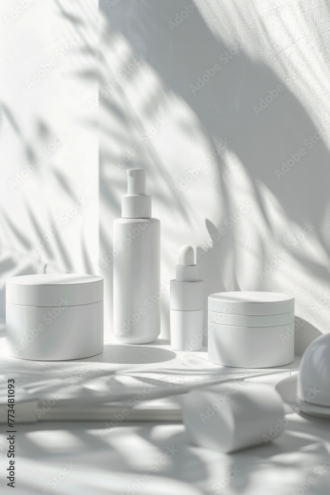 Aufkleber Group of white containers on a table, versatile for various concepts