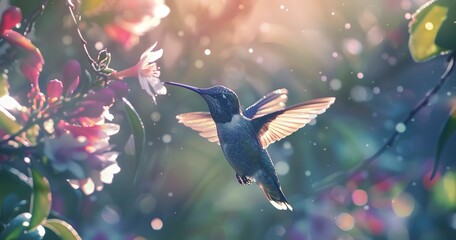 A hummingbird hovering in place, wings a blur, feeding from an invisible flower.  - obrazy, fototapety, plakaty