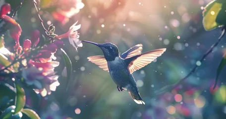 Fotobehang A hummingbird hovering in place, wings a blur, feeding from an invisible flower.  © Thanthara