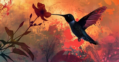 A hummingbird hovering in place, wings a blur, feeding from an invisible flower. 