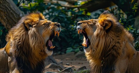 Two lions roaring in unison, a display of communication and dominance. 