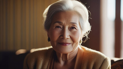 Portrait of happy mature mongoloid elderly woman at home indoor. Senior ethnic asian smiling grandmother - obrazy, fototapety, plakaty