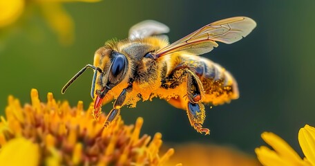 A bee pollinating flowers, mid-flight, legs dusted with pollen, crucial for ecosystem.  - obrazy, fototapety, plakaty