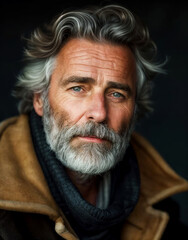 Fototapeta premium A close-up of a grey-haired and bearded middle-aged man wearing a coat and scarf