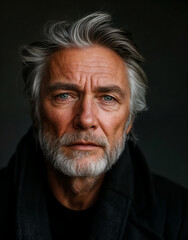 An older man with salt and pepper hair  and a beard looks directly into the camera. He is wearing a black coat and has a serious expression. The background is a dark grey