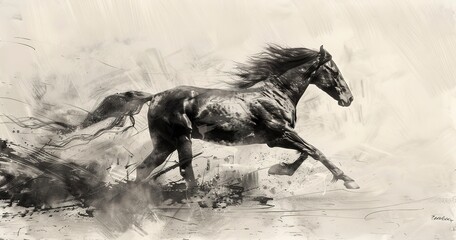 Horse galloping, mane flowing, embodying freedom and powerful locomotion.