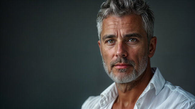 A serious middle-aged man with salt and pepper hair and a white shirt looks into the camera