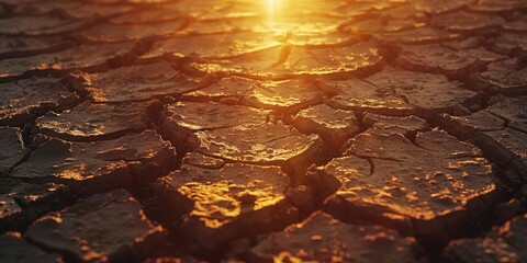 A beautiful sunset over a dry, cracked landscape. Perfect for environmental or climate change themes - obrazy, fototapety, plakaty