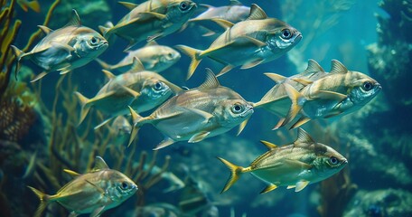 Fish schooling together, synchronized swimming, depicting social and protective behavior. 