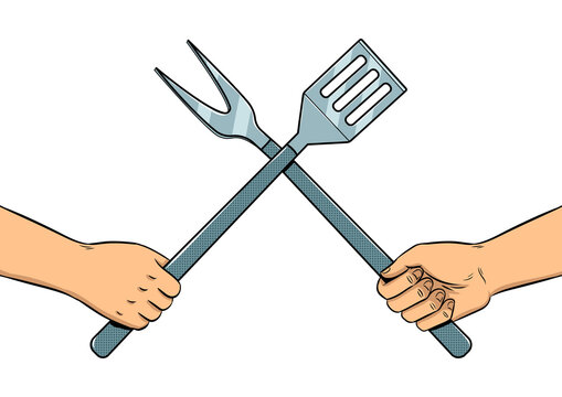 hands holding grill fork and spatula clip art preview