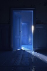 Dark room with light shining through open door, ideal for illustrating hope or new beginnings