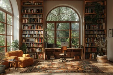 Fototapeta na wymiar Serene Scandinavian study room with large window, cozy chair, and bookshelves
