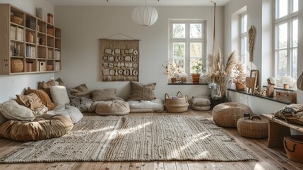 Cozy and stylish Danish playroom with natural light and soft furnishings - obrazy, fototapety, plakaty