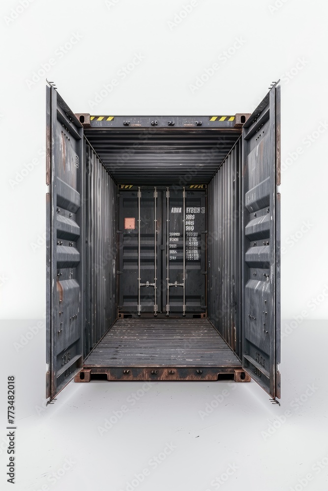 Poster an open cargo container on a white surface. suitable for logistics and shipping concepts