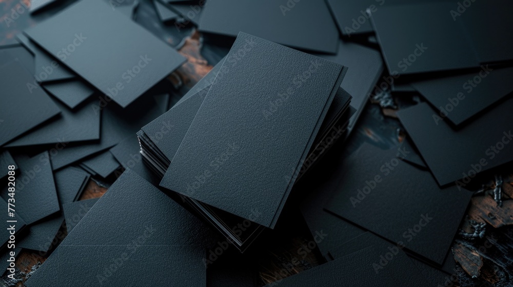 Poster A stack of black cards on a table, suitable for various card game concepts