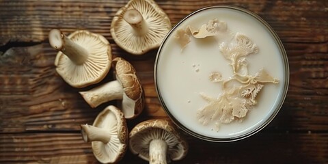 Fresh mushrooms and a glass of milk on a wooden table, ideal for food and nutrition concepts