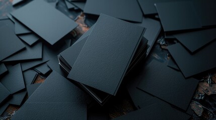 A stack of black cards on a table, suitable for various card game concepts