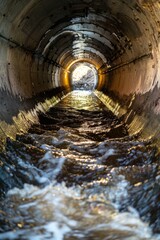 Naklejka premium A view of a tunnel with water flowing out. Suitable for industrial, environmental, or construction concepts