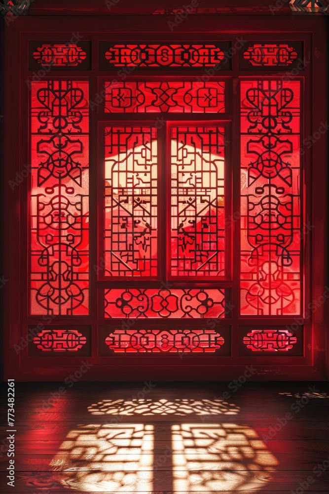 Poster A window with a red light shining through it. Suitable for various concepts and designs
