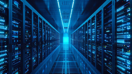 A sprawling data center, housing racks upon racks of server stacks, storing vast amounts of scientific information