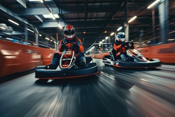 Two people having fun on go karts, suitable for recreational or entertainment concepts - obrazy, fototapety, plakaty