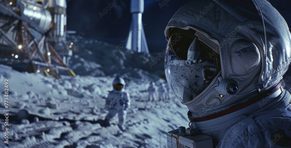 Poster an astronaut in a space suit standing on the moon. suitable for science fiction or space exploration