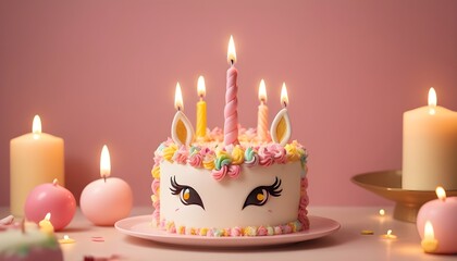 Birthday unicorn pastel cake with candles