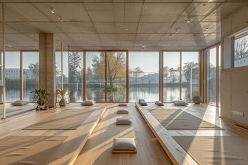 Spacious and tranquil minimalist fitness room with a serene lake view