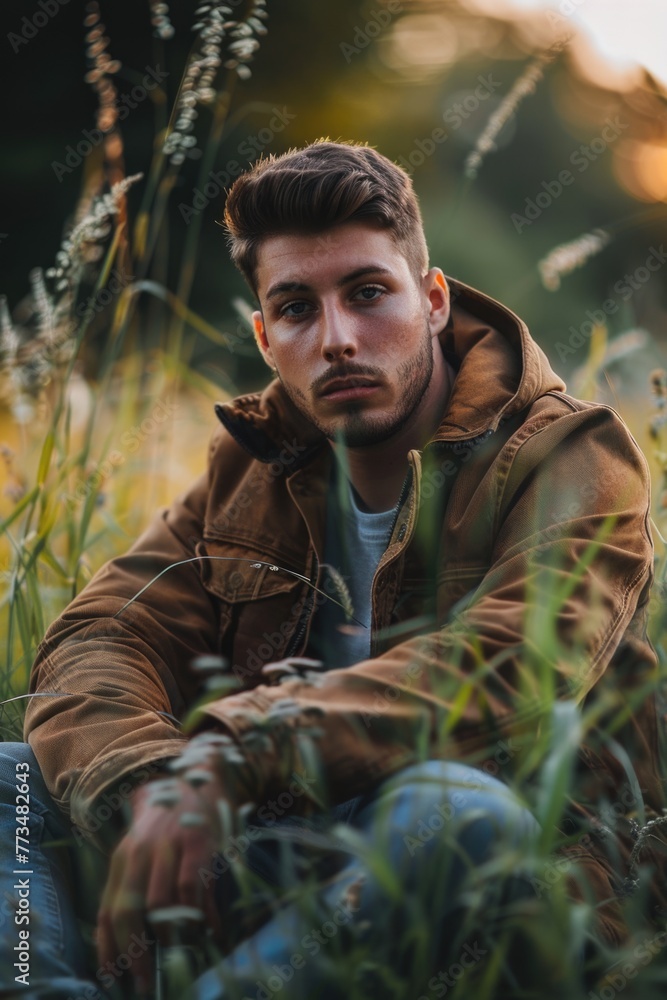 Poster a man sitting in a field of tall grass. ideal for nature and relaxation concepts