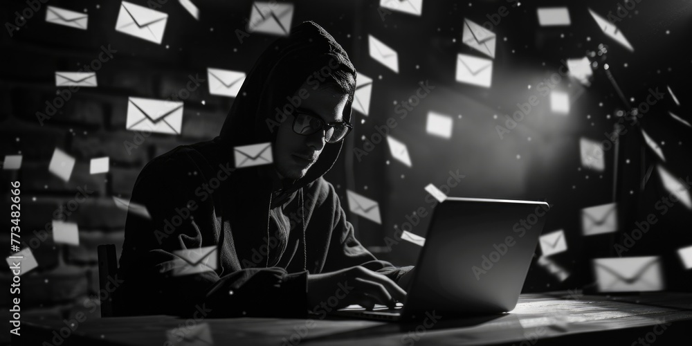 Poster a person sitting at a table with a laptop. suitable for business and technology concepts