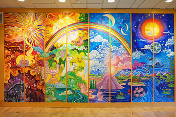 A colorful, flowing art style mural depicting the seven days of creation in a series of panels. Each panel depicts one day's creation from sunrise to sunset, with vibrant colors and detailed image