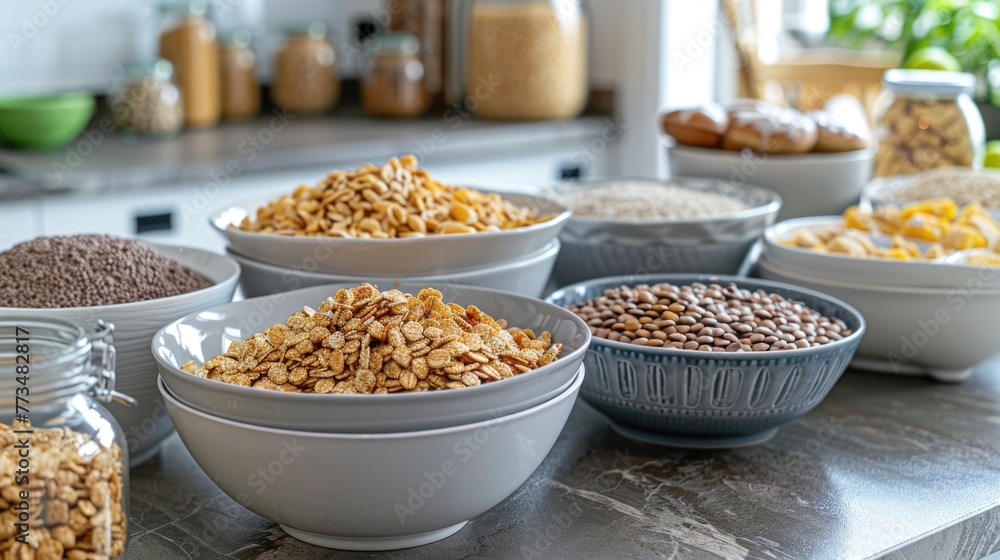 Poster Kitchen counter with assorted cereal bowls. Ideal for food and breakfast concepts