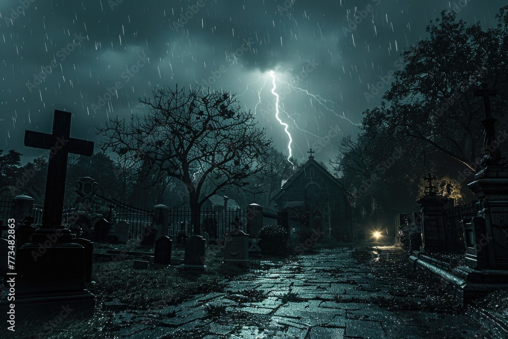 Poster A dramatic image of a lightning bolt in a spooky sky. Suitable for weather-related concepts