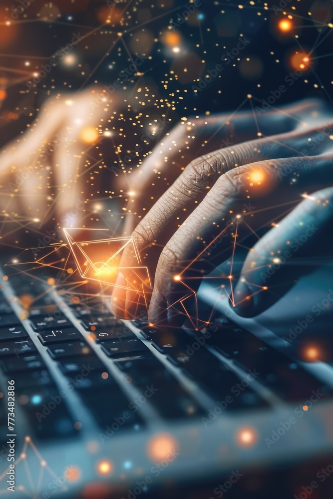 Poster close up of a person typing on a laptop, suitable for technology concepts