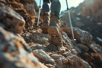 Close up of a person hiking up a mountain, suitable for outdoor and adventure themes - obrazy, fototapety, plakaty