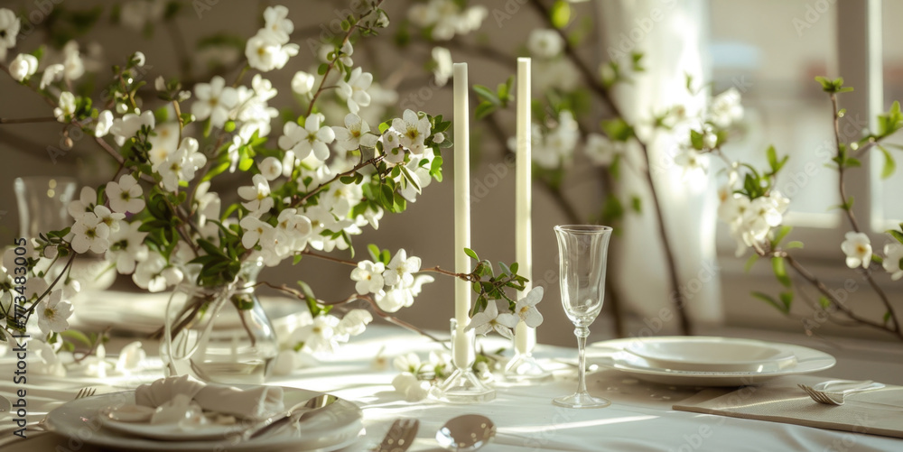 Poster elegant table set for a formal dinner with beautiful white flowers, perfect for event planning and c