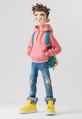 Modern Urban Lifestyle: 3D Rendered Character of Young Man in Casual Attire with Backpack.
