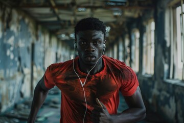 Fototapeta premium A man wearing a red shirt and earphones. Suitable for music or lifestyle concepts