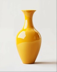 A yellow vase with no patterns, shaped like an ancient wine jar, stands upright on the ground against a white background. It is made of ceramic material and has a simple shape that embodies minimalism