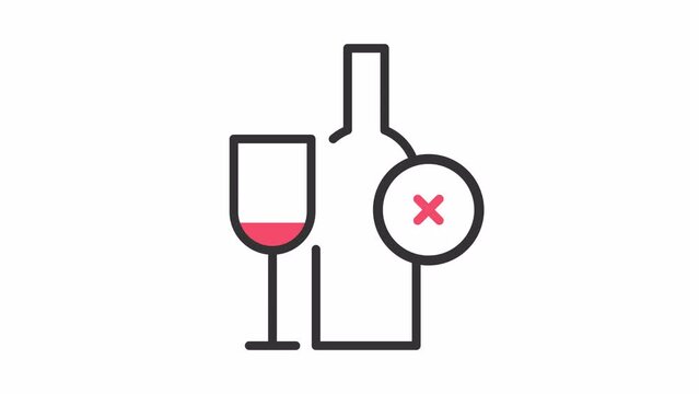 No alcohol sign.Animated bottle of wine and glass with red mark icon.no alco area animation.Alcohol control policy.alcohol free zone.High quality 4k footage with white alpha channel 3840 2160 25fps
