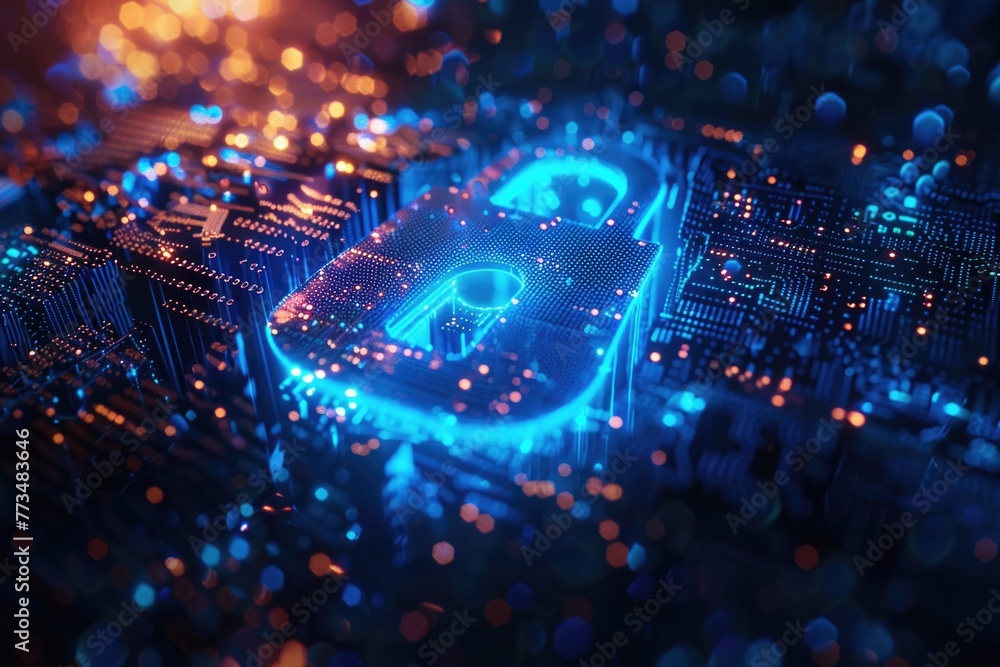 Aufkleber A close up of a circuit board with a glowing padlock. Ideal for technology and security concepts