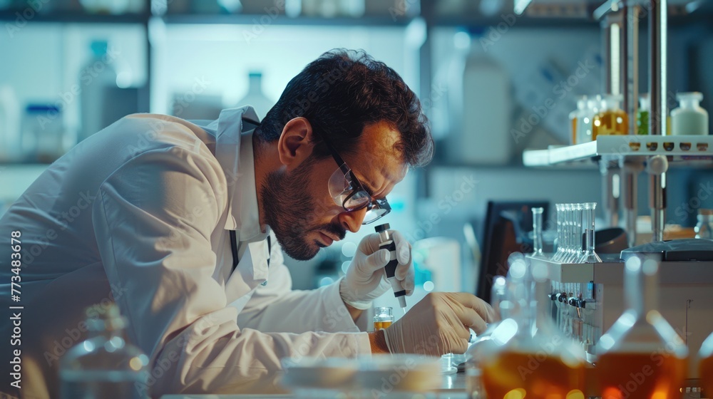Poster a man in a lab coat looking through a microscope. ideal for scientific research projects