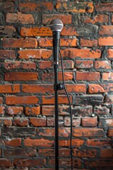 Microphone stands in front of a brick wall, suitable for music or podcasting themes