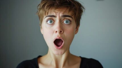 A woman with a surprised look on her face. Suitable for various uses